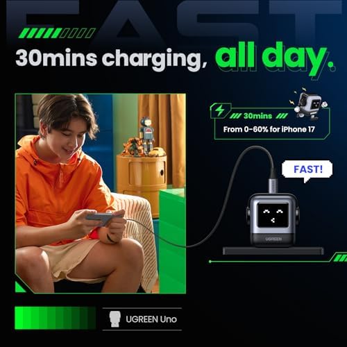 UGREEN Uno 30W USB C Charger Block, Compact Robot GaN Fast Charger for iPhone 17, Gifts for Women Men, Compatible with iPhone 17/16/15, Galaxy S25/S24/S23, Pixel 10/9/8, iPad, Black : Cell Phones & Accessories - Image 3