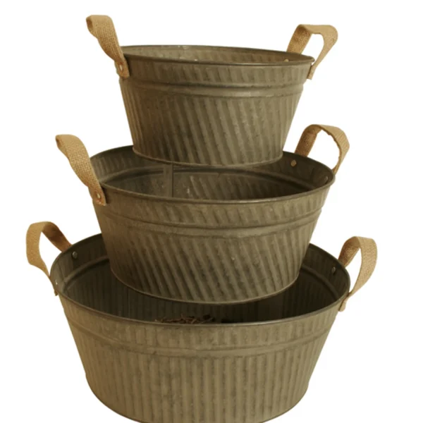 Iron Pail W/ Burlap Hndl Round S/3