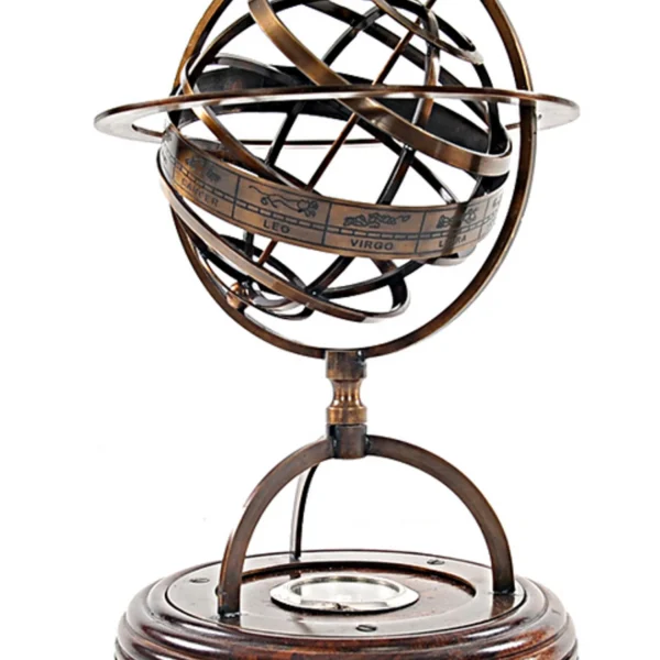 Brass Armillary Globe With Compass on Wooden Base