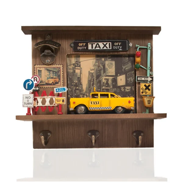 Vintage New York City Checker Taxi-Detailed Shadow Box with Keychain Hooks and Bottle Opener