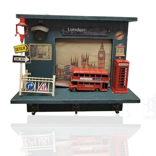 Vintage London Double-Decker Bus-Detailed Shadow Box with Keychain Hooks and Bottle Opener