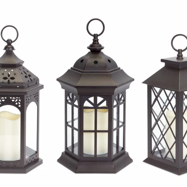 Lanterns with LED Candle (Set of 3) with 6 Hour Timer 13"H Plastic/Glass