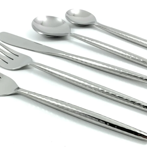 Vibhsa Stainless Steel Flatware Set of 5 Pieces (Hammered, Silver Glossy)