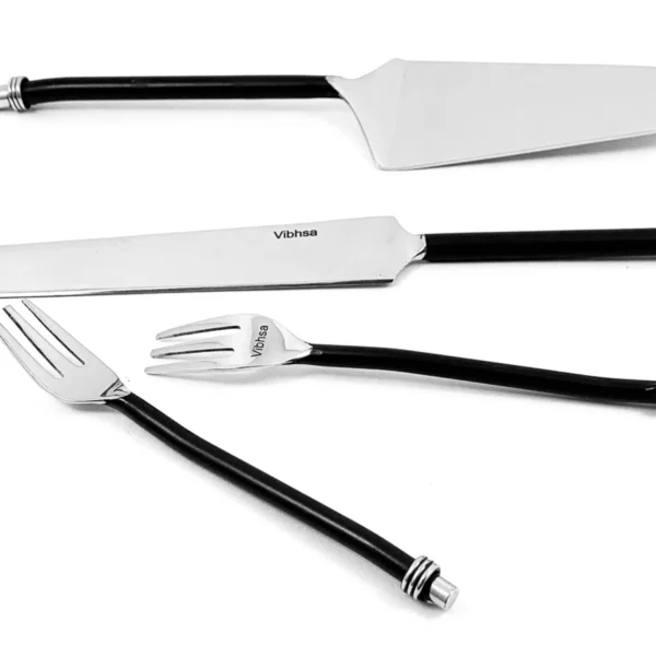 Vibhsa Cake Server, Knife and Cake Forks Set (Black, Twisted Handle)